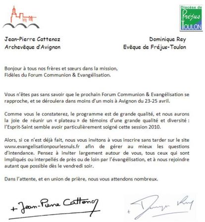 Lettre Mgr Rey - Mgr Cattenoz - Communion-Evangélisation